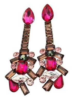 Guitar Crystal Drop Statement Earrings in Pink & Smoked Topaz, Brown & Crystal